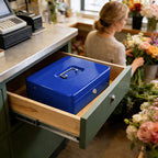 Cash Box With Security Locker And Security Cable, Money Box/Cash Tin With Money Tray For Saving Organizer-Blue