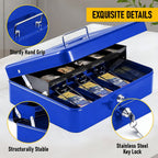 Cash Box With Security Locker And Security Cable, Money Box/Cash Tin With Money Tray For Saving Organizer-Blue