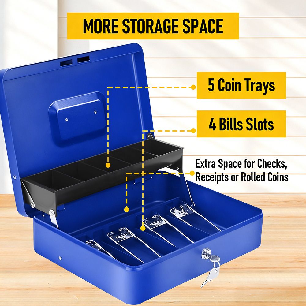 Cash Box With Security Locker And Security Cable, Money Box/Cash Tin With Money Tray For Saving Organizer-Blue