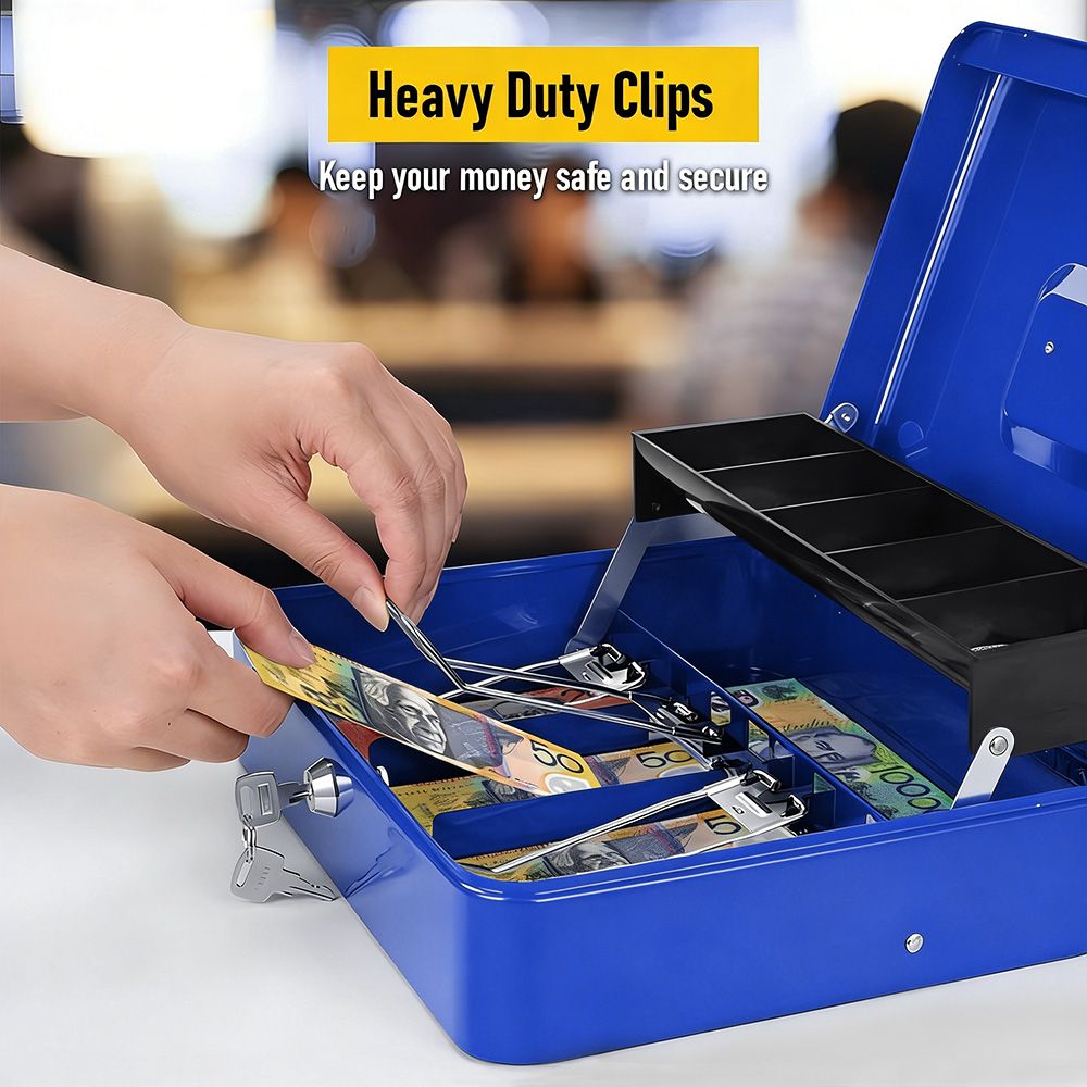 Cash Box With Security Locker And Security Cable, Money Box/Cash Tin With Money Tray For Saving Organizer-Blue