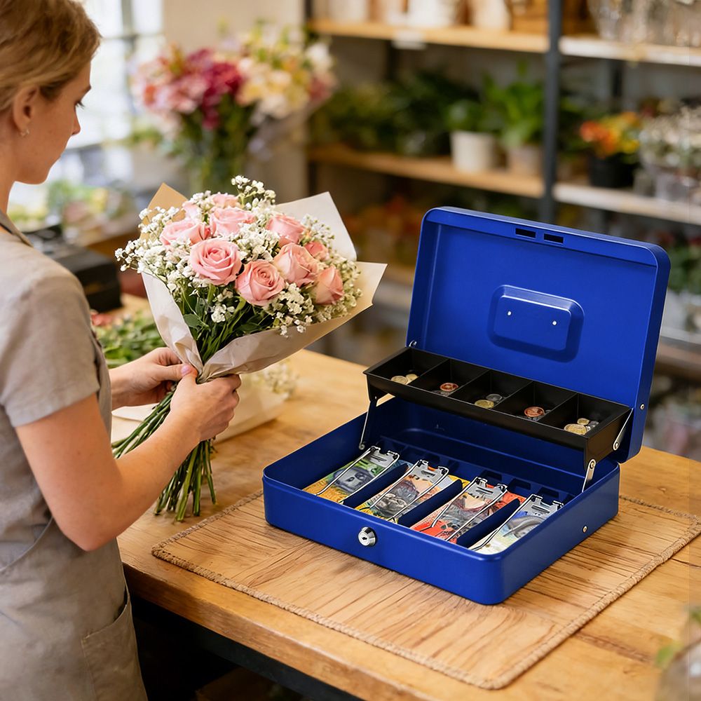 Cash Box With Security Locker And Security Cable, Money Box/Cash Tin With Money Tray For Saving Organizer-Blue