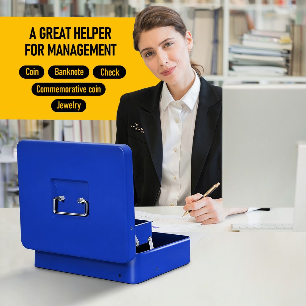 Cash Box With Security Locker And Security Cable, Money Box/Cash Tin With Money Tray For Saving Organizer-Blue