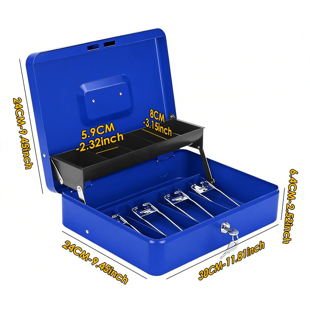 Cash Box With Security Locker And Security Cable, Money Box/Cash Tin With Money Tray For Saving Organizer-Blue