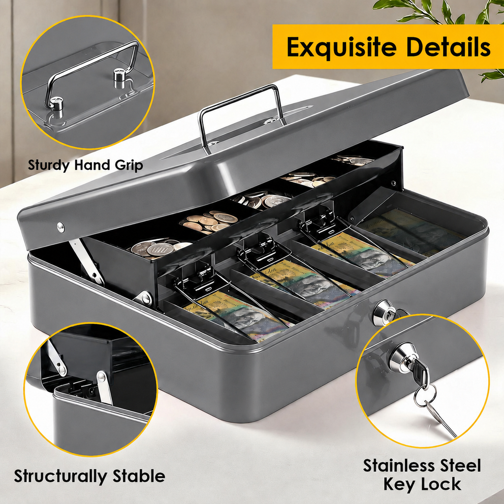 Cash Box With Security Locker And Security Cable, Money Box/Cash Tin With Money Tray For Saving Organizer-Grey
