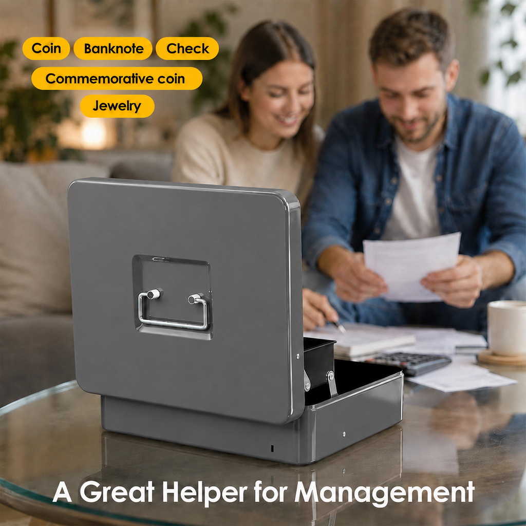 Cash Box With Security Locker And Security Cable, Money Box/Cash Tin With Money Tray For Saving Organizer-Grey