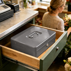 Cash Box With Security Locker And Security Cable, Money Box/Cash Tin With Money Tray For Saving Organizer-Grey