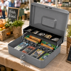 Cash Box With Security Locker And Security Cable, Money Box/Cash Tin With Money Tray For Saving Organizer-Grey