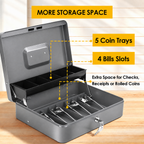 Cash Box With Security Locker And Security Cable, Money Box/Cash Tin With Money Tray For Saving Organizer-Grey