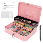 Cash Box With Security Locker And Security Cable, Money Box/Cash Tin With Money Tray For Saving Organizer-Pink