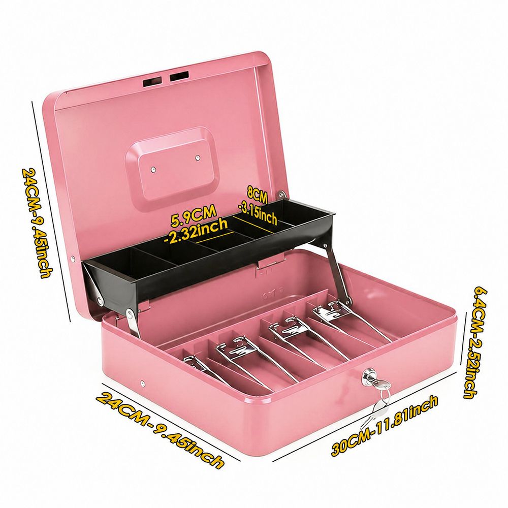 Cash Box With Security Locker And Security Cable, Money Box/Cash Tin With Money Tray For Saving Organizer-Pink