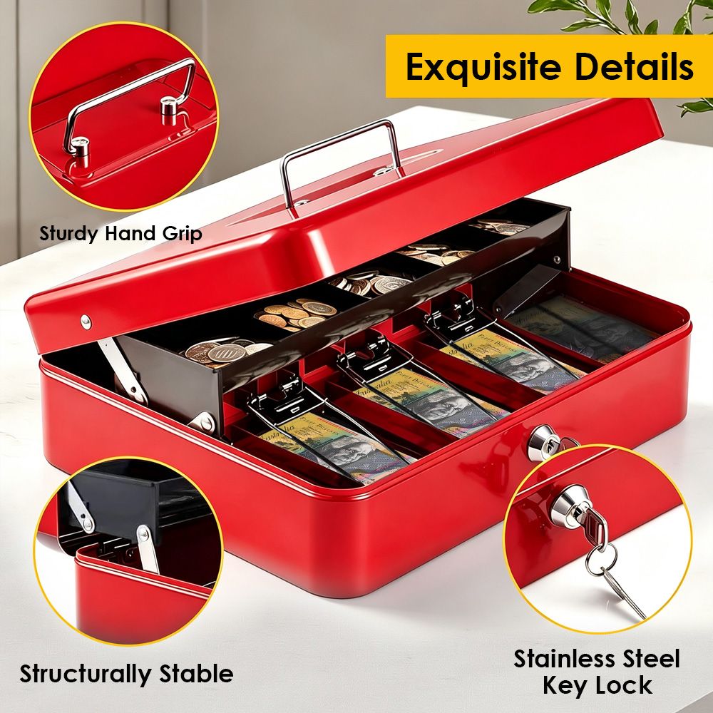 Cash Box With Security Locker And Security Cable, Money Box/Cash Tin With Money Tray For Saving Organizer-Red