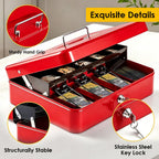 Cash Box With Security Locker And Security Cable, Money Box/Cash Tin With Money Tray For Saving Organizer-Red