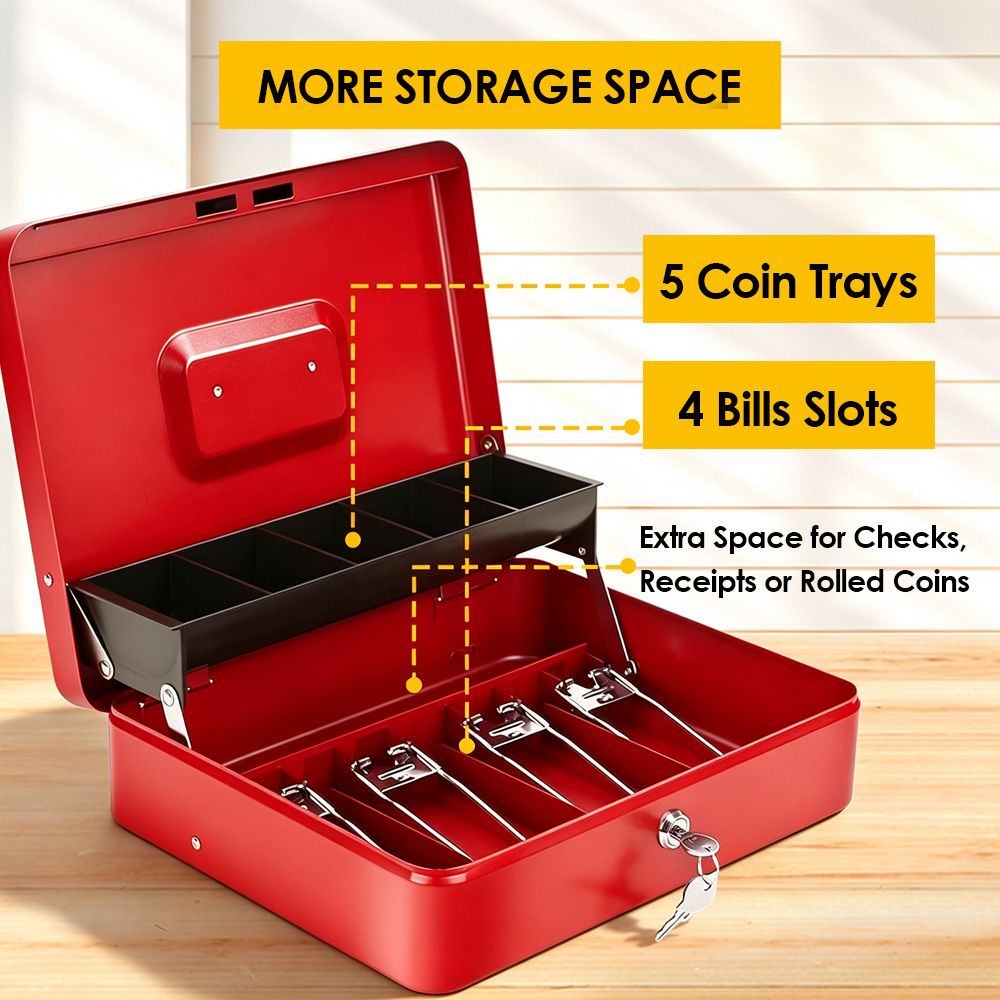 Cash Box With Security Locker And Security Cable, Money Box/Cash Tin With Money Tray For Saving Organizer-Red
