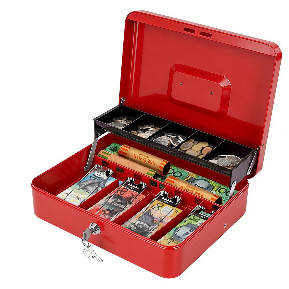 Cash Box With Security Locker And Security Cable, Money Box/Cash Tin With Money Tray For Saving Organizer-Red