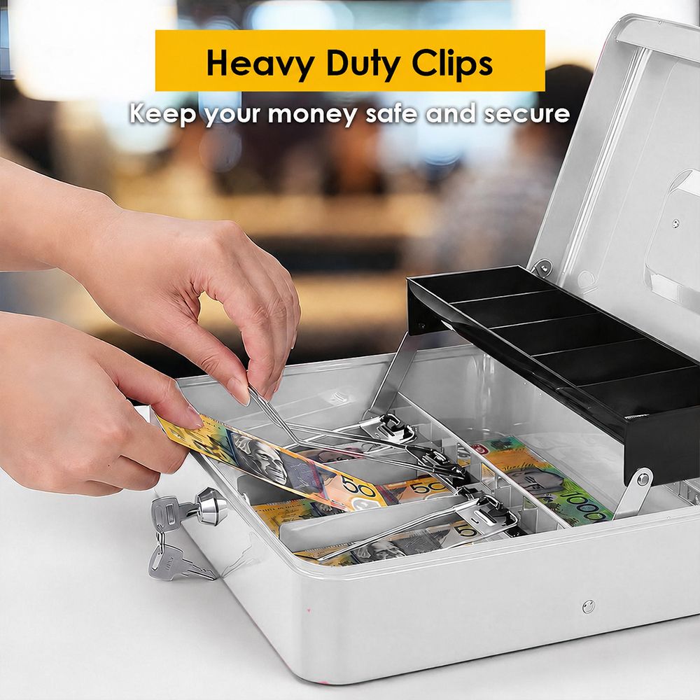 Cash Box With Security Locker And Security Cable, Money Box/Cash Tin With Money Tray For Saving Organizer-White