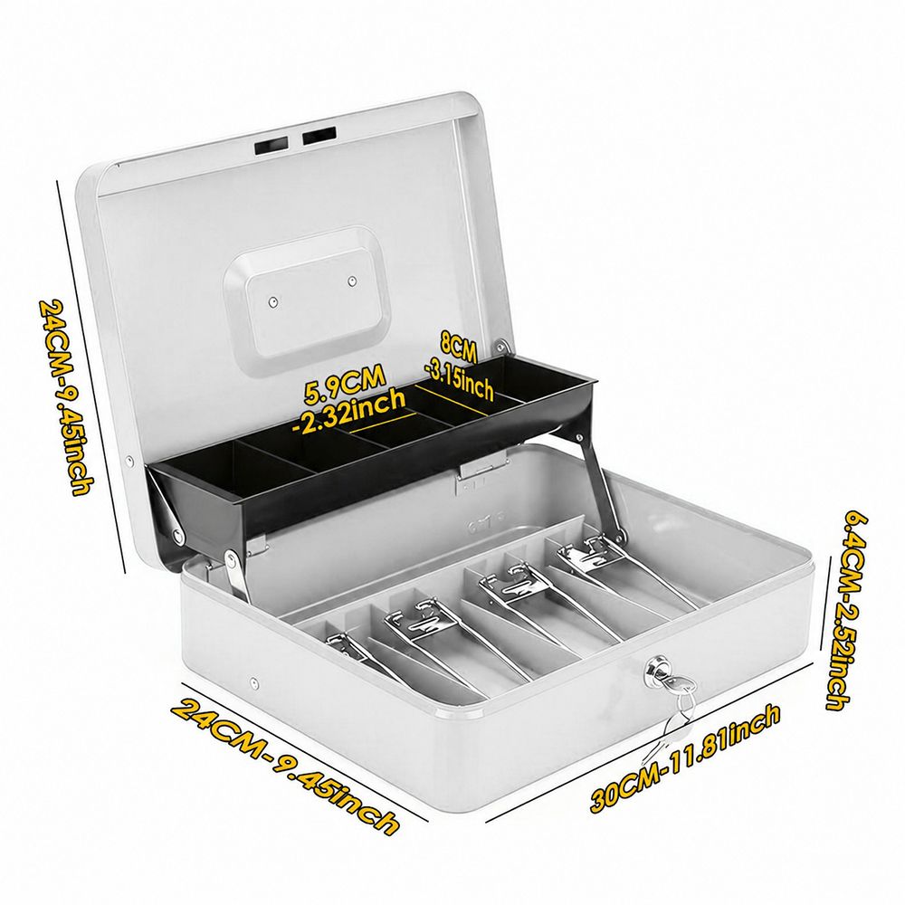 Cash Box With Security Locker And Security Cable, Money Box/Cash Tin With Money Tray For Saving Organizer-White