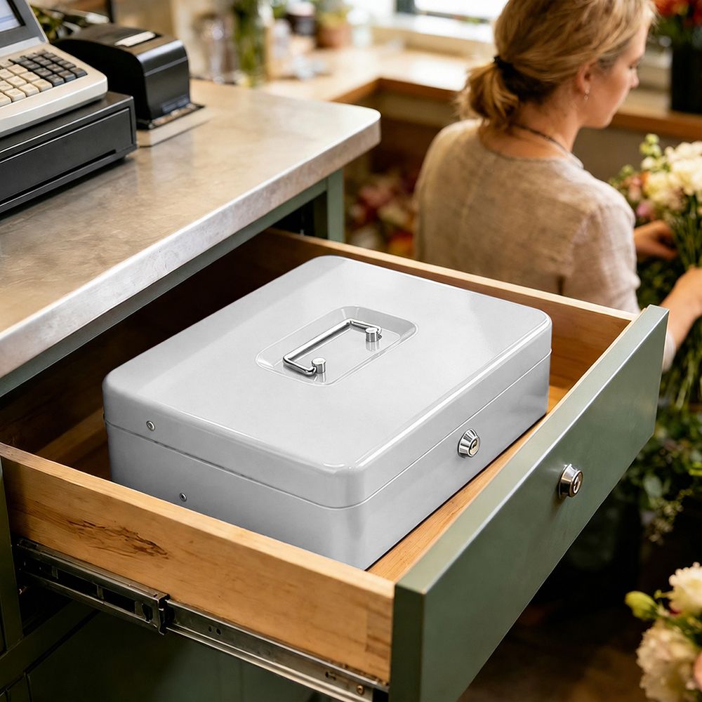 Cash Box With Security Locker And Security Cable, Money Box/Cash Tin With Money Tray For Saving Organizer-White