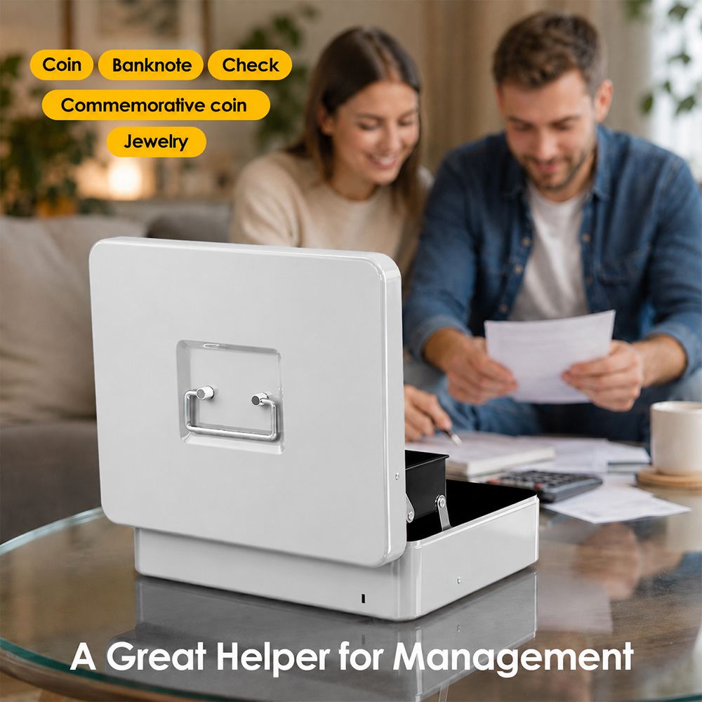 Cash Box With Security Locker And Security Cable, Money Box/Cash Tin With Money Tray For Saving Organizer-White