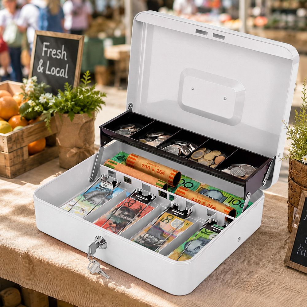 Cash Box With Security Locker And Security Cable, Money Box/Cash Tin With Money Tray For Saving Organizer-White