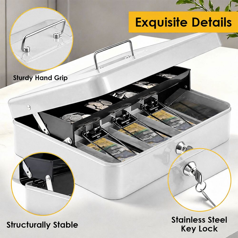 Cash Box With Security Locker And Security Cable, Money Box/Cash Tin With Money Tray For Saving Organizer-White