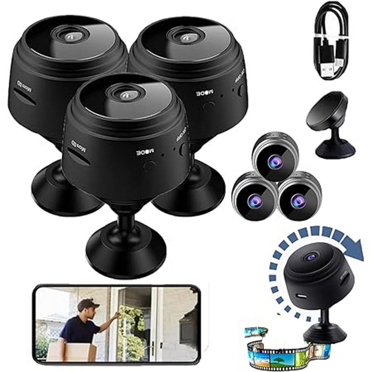 3 Pack Mini Security Cameras, 1080P WiFi Indoor Cameras with Night Vision Motion Detection and Phone Monitoring