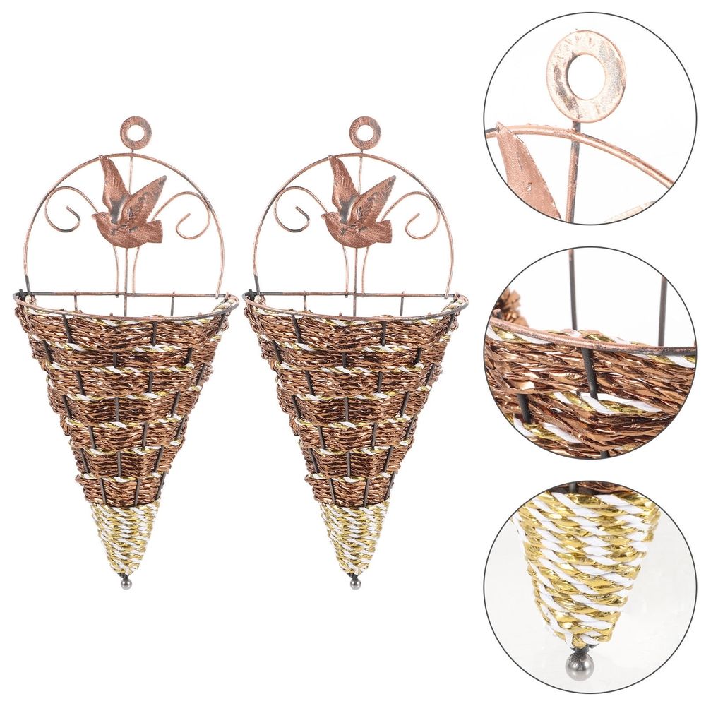 2pcs Wall Hanging Flower Basket Cone Shaped Iron Plastic Coffee