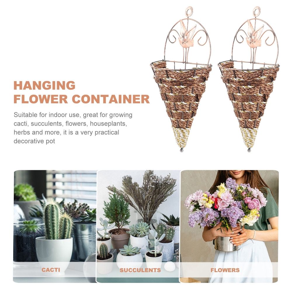 2pcs Wall Hanging Flower Basket Cone Shaped Iron Plastic Coffee