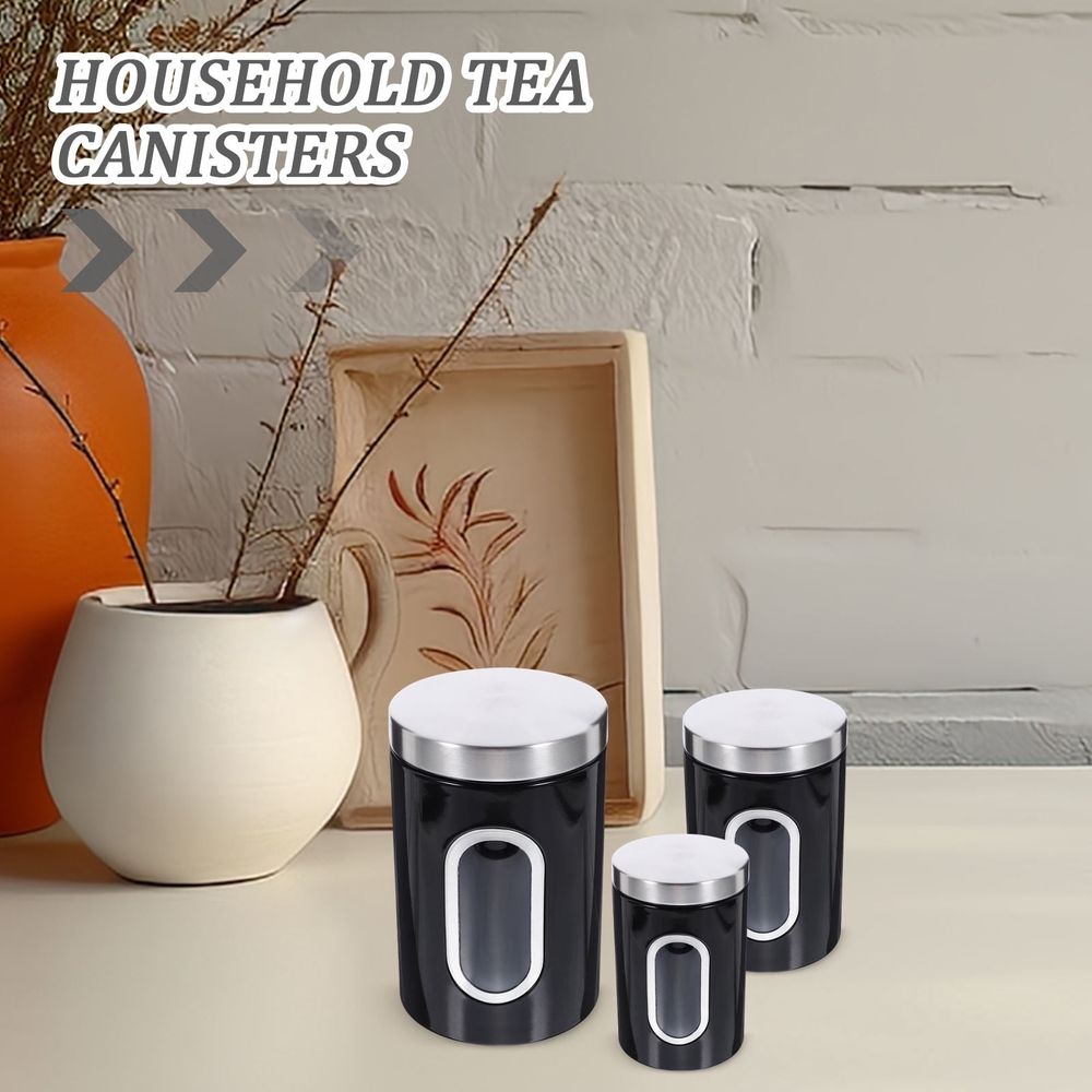 Black Stainless Steel Airtight Tea Canister Set for Household Use 3Pcs